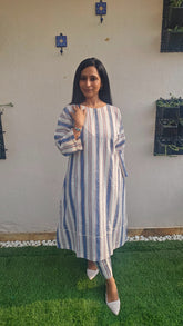 Womens blue striped white Kala Cotton coordset -breathable handwoven fabric, perfect for officewear and summer workdays.