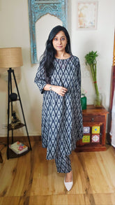 Black ikkat fabric coord set with functional pockets. perfect for workdays