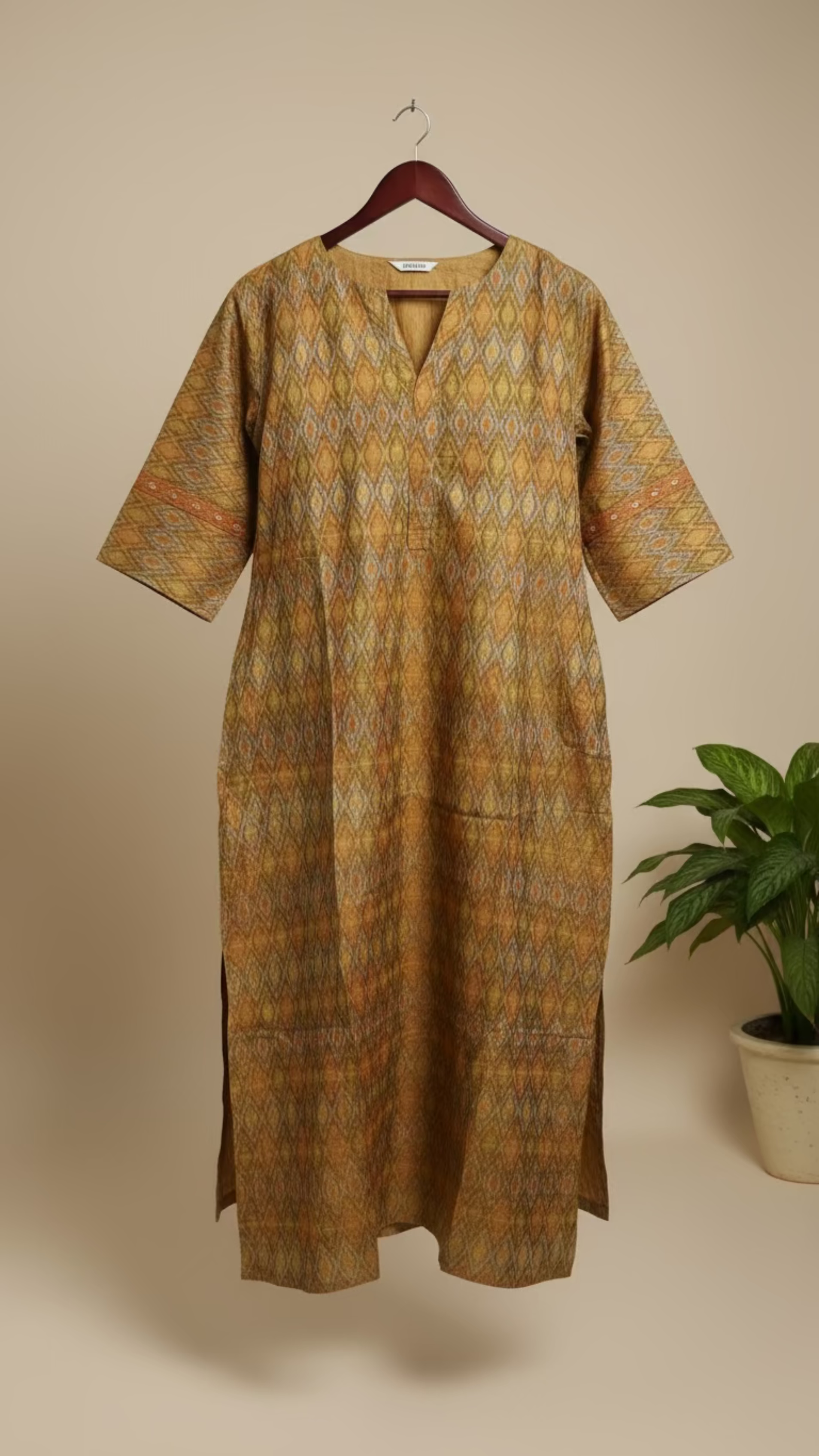 Woman in a patterned dress standing in a room with a mirror and lamp.