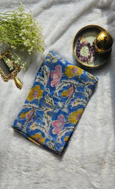 Blue Chiffon Hand Block Print Saree