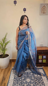 Blue Kota Cotton Ajrakh Saree
