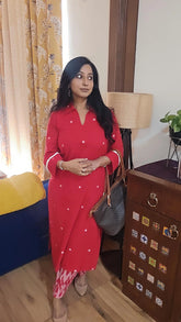 Red Jamdani Kurta and Ikkat Bottom