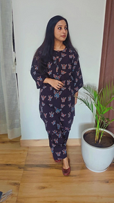 Pure cotton coord set with kurta and farshi salwar in butterfly ajrakh print