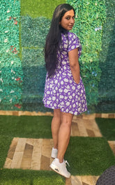 purple floral dress in cotton with handblock print