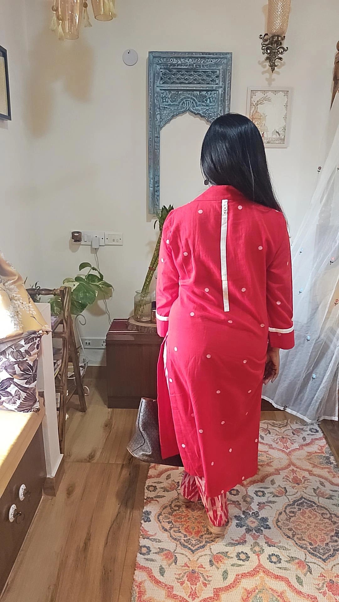 Red Jamdani Kurta and Ikkat Bottom