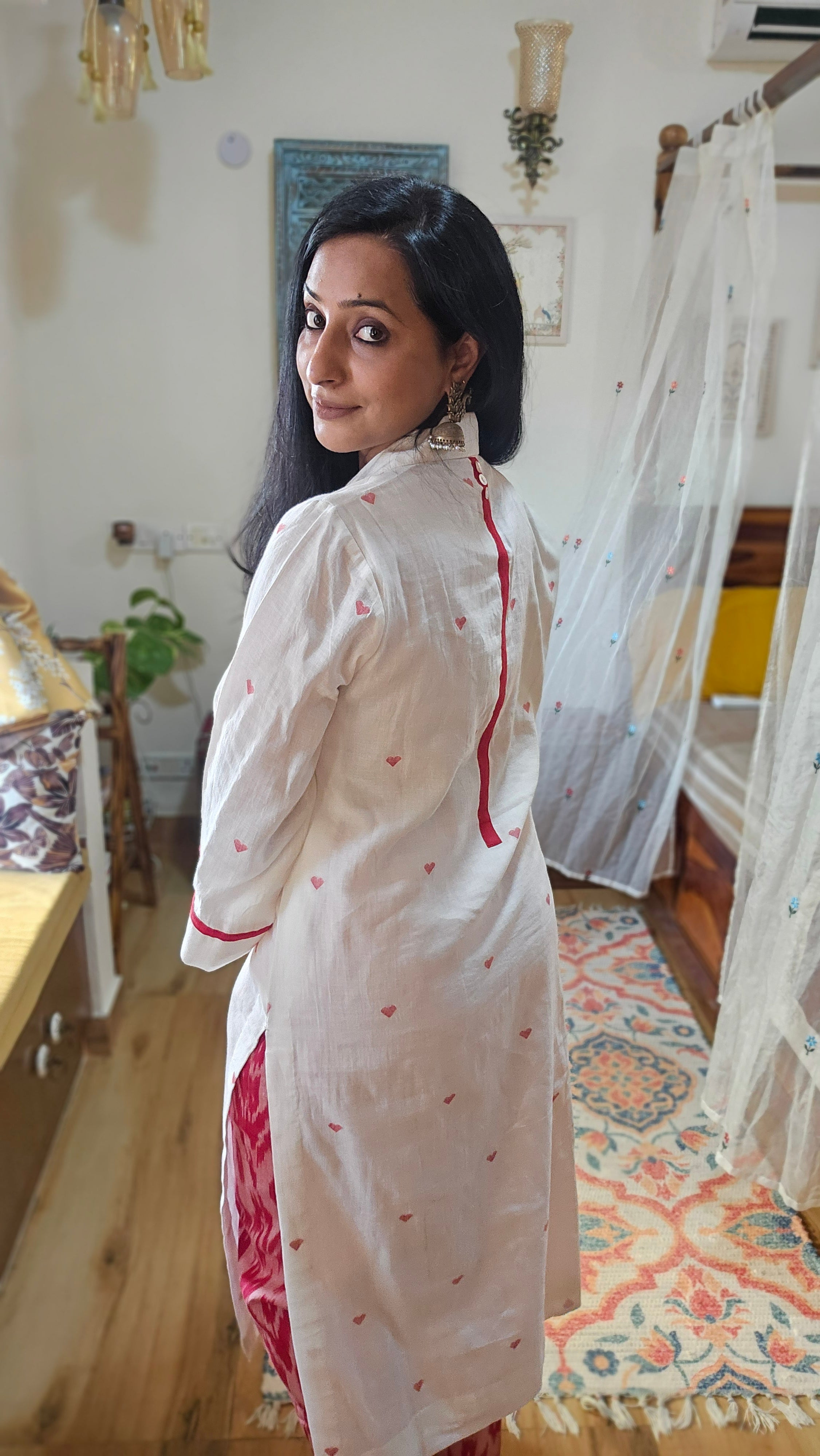 White Jamdani Kurta and Ikkat Bottom