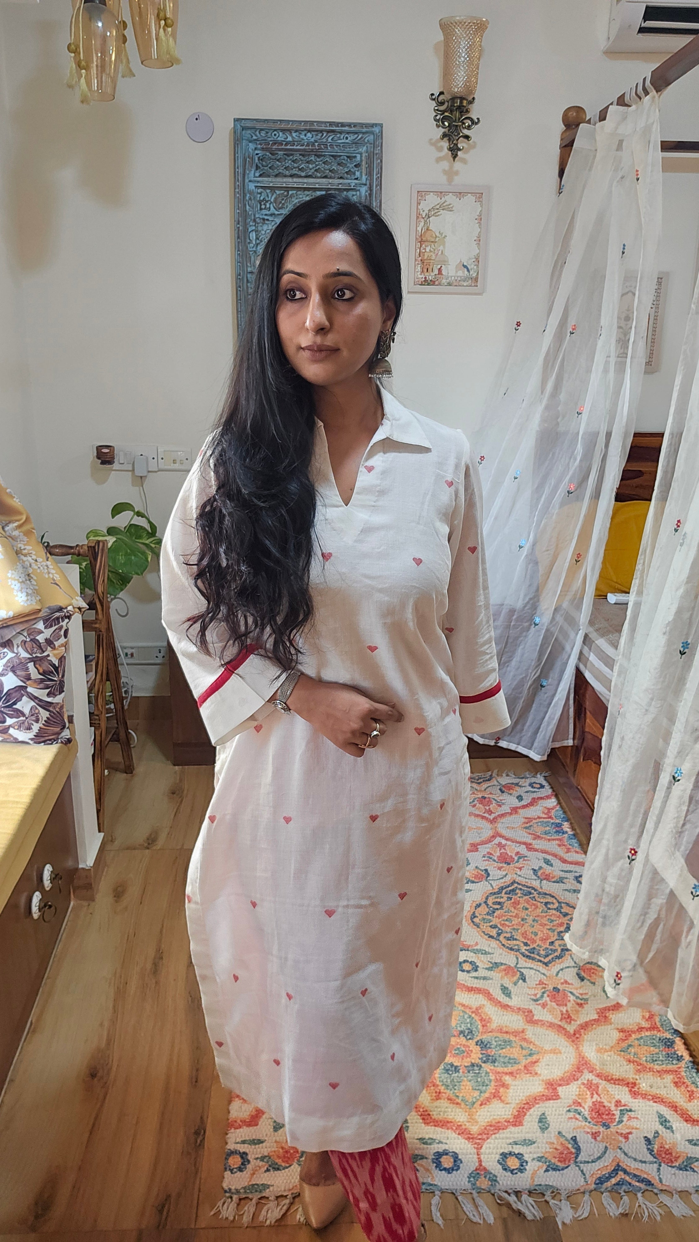 White Jamdani Kurta and Ikkat Bottom