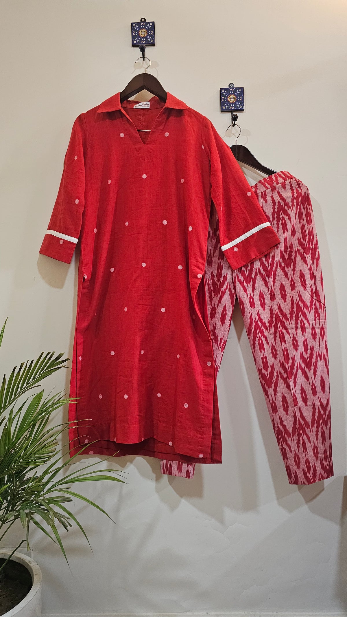 Red Jamdani Kurta and Ikkat Bottom