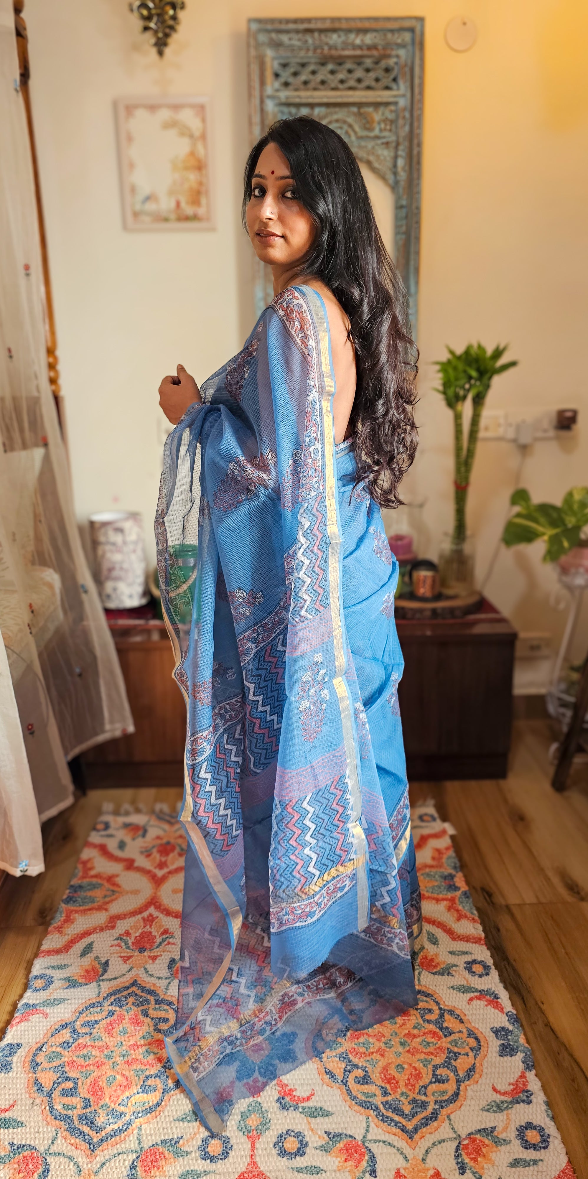 Blue Kota Cotton Ajrakh Saree