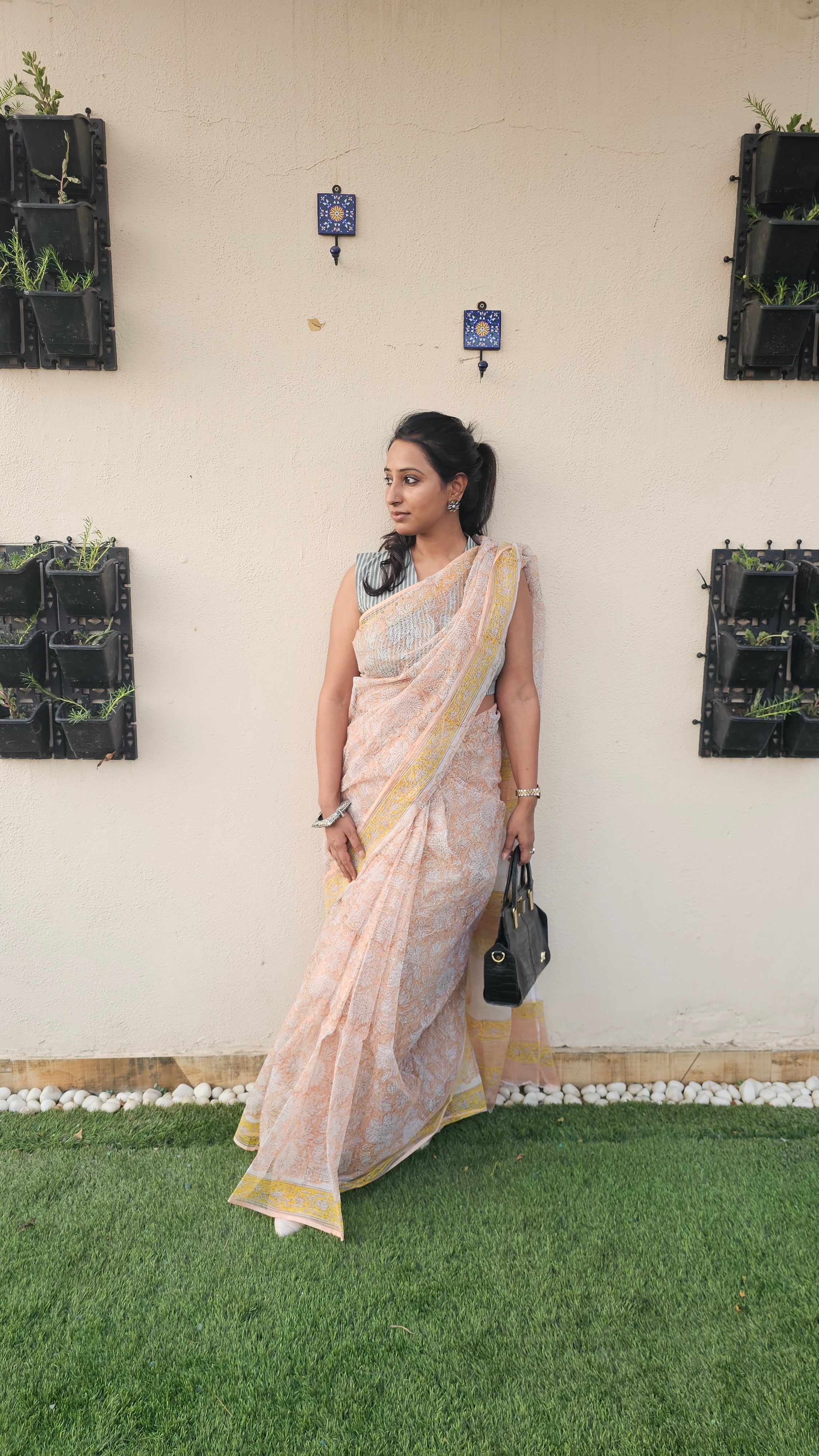 White and Peach Kota Cotton Saree