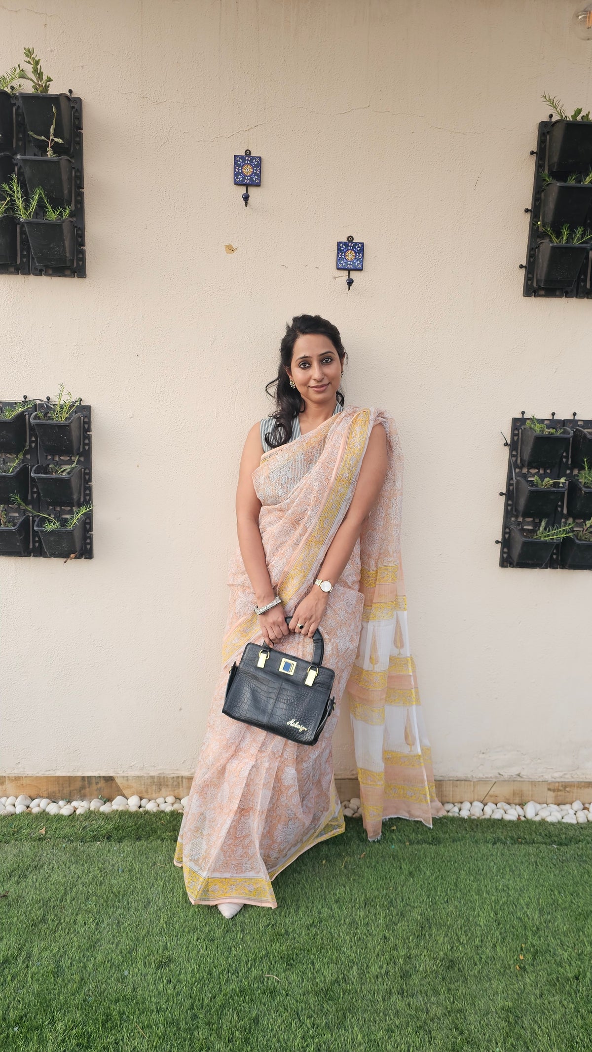 White and Peach Kota Cotton Saree