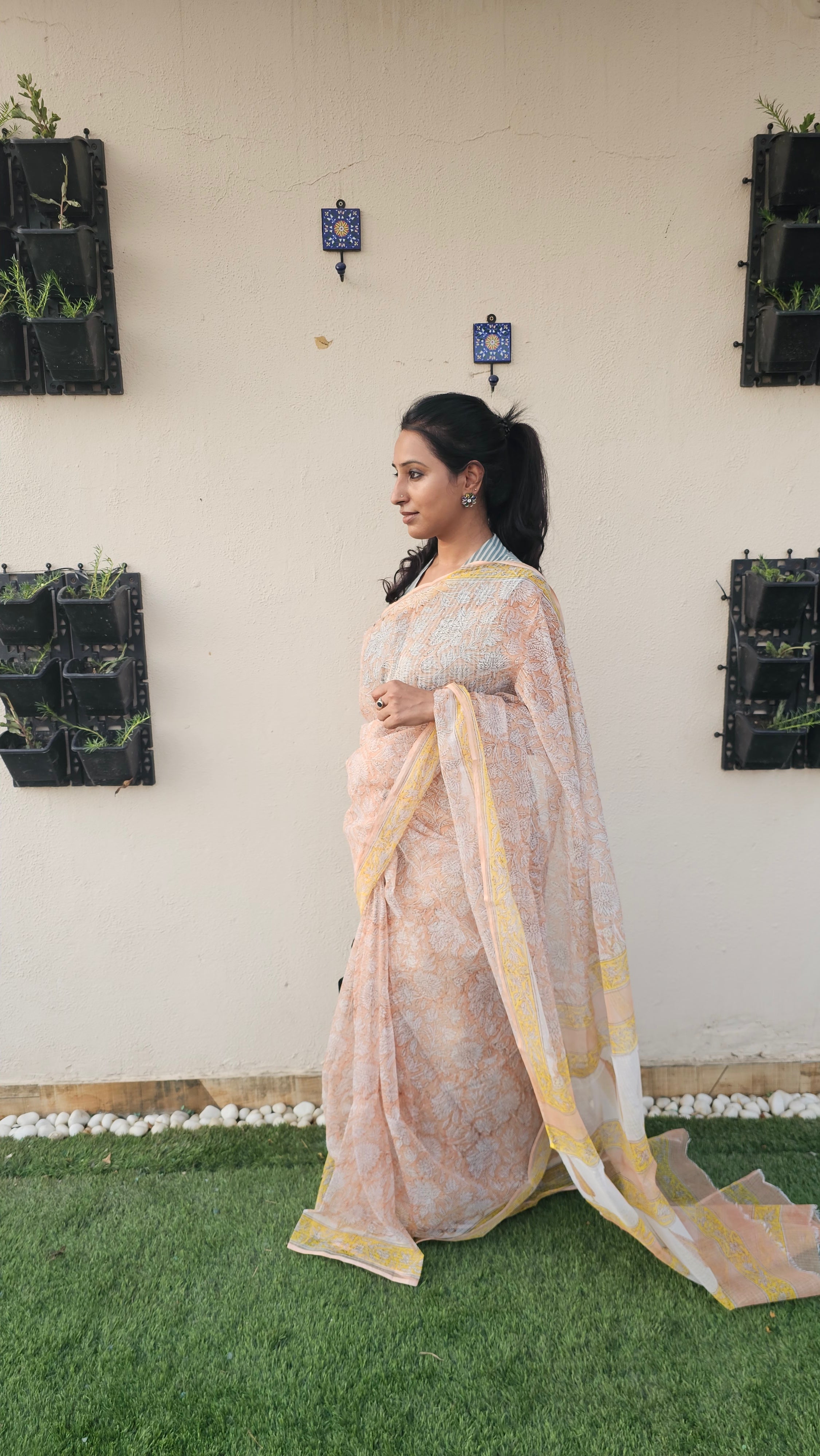 White and Peach Kota Cotton Saree