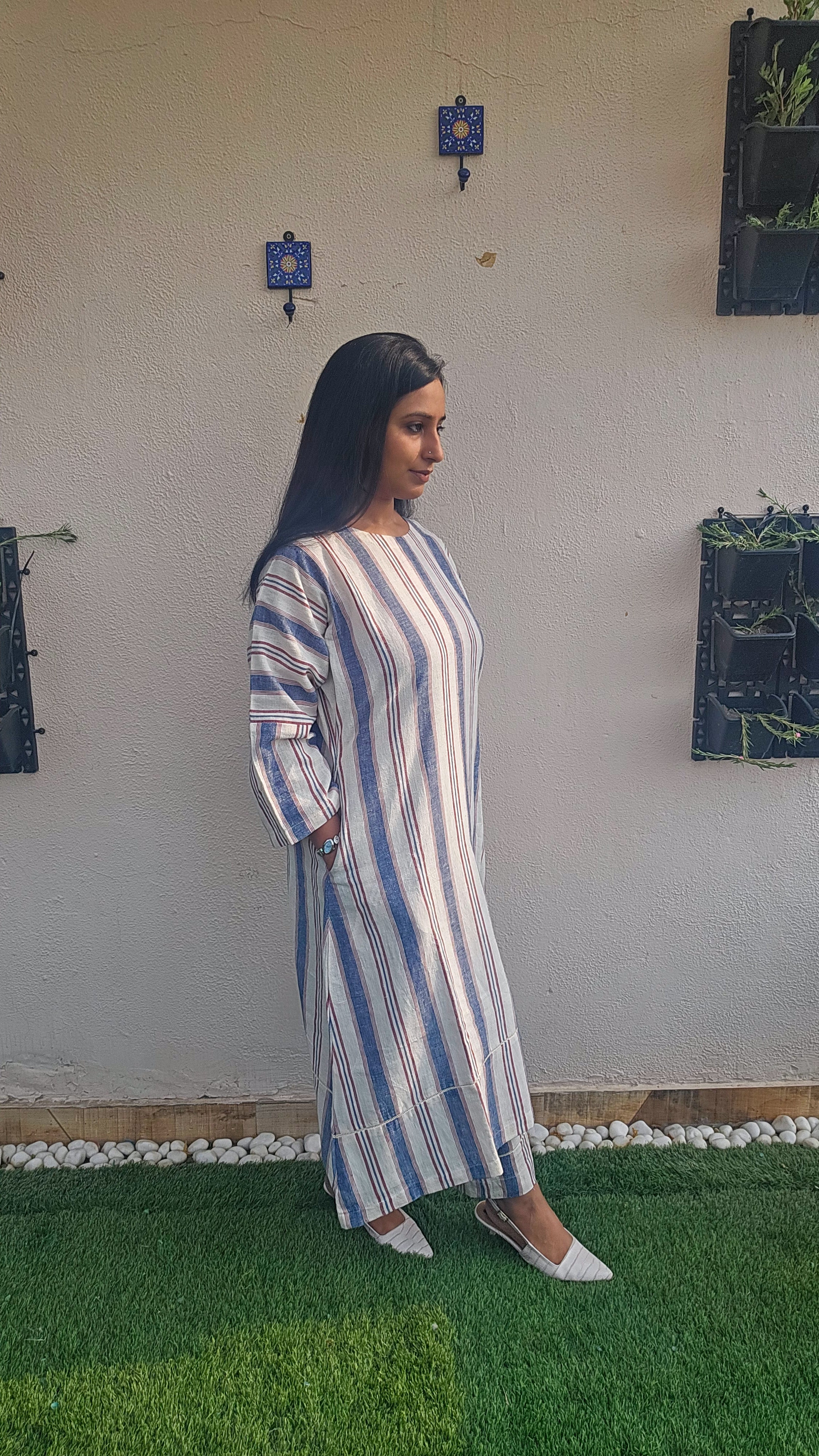 Womens blue striped white Kala Cotton coordset -breathable handwoven fabric, perfect for officewear and summer workdays.