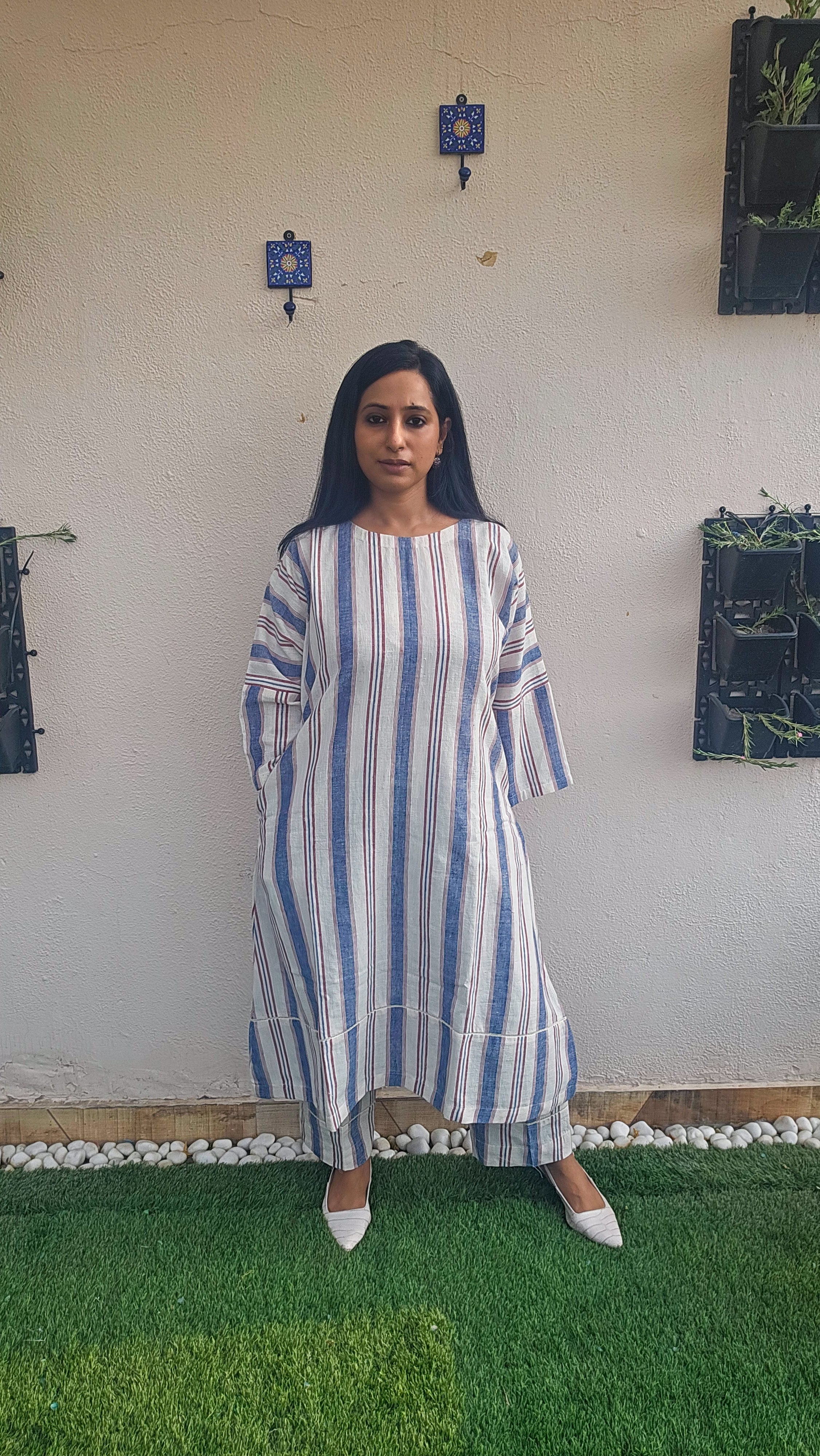 Womens blue striped white Kala Cotton coordset -breathable handwoven fabric, perfect for officewear and summer workdays.