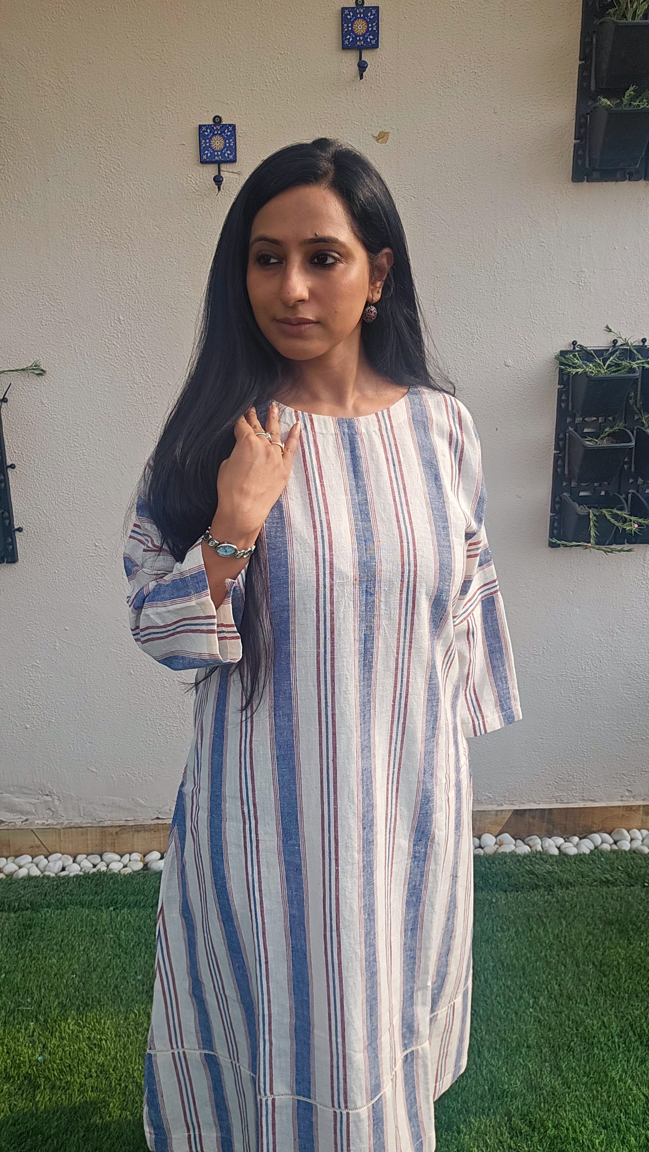 Womens blue striped white Kala Cotton coordset -breathable handwoven fabric, perfect for officewear and summer workdays.