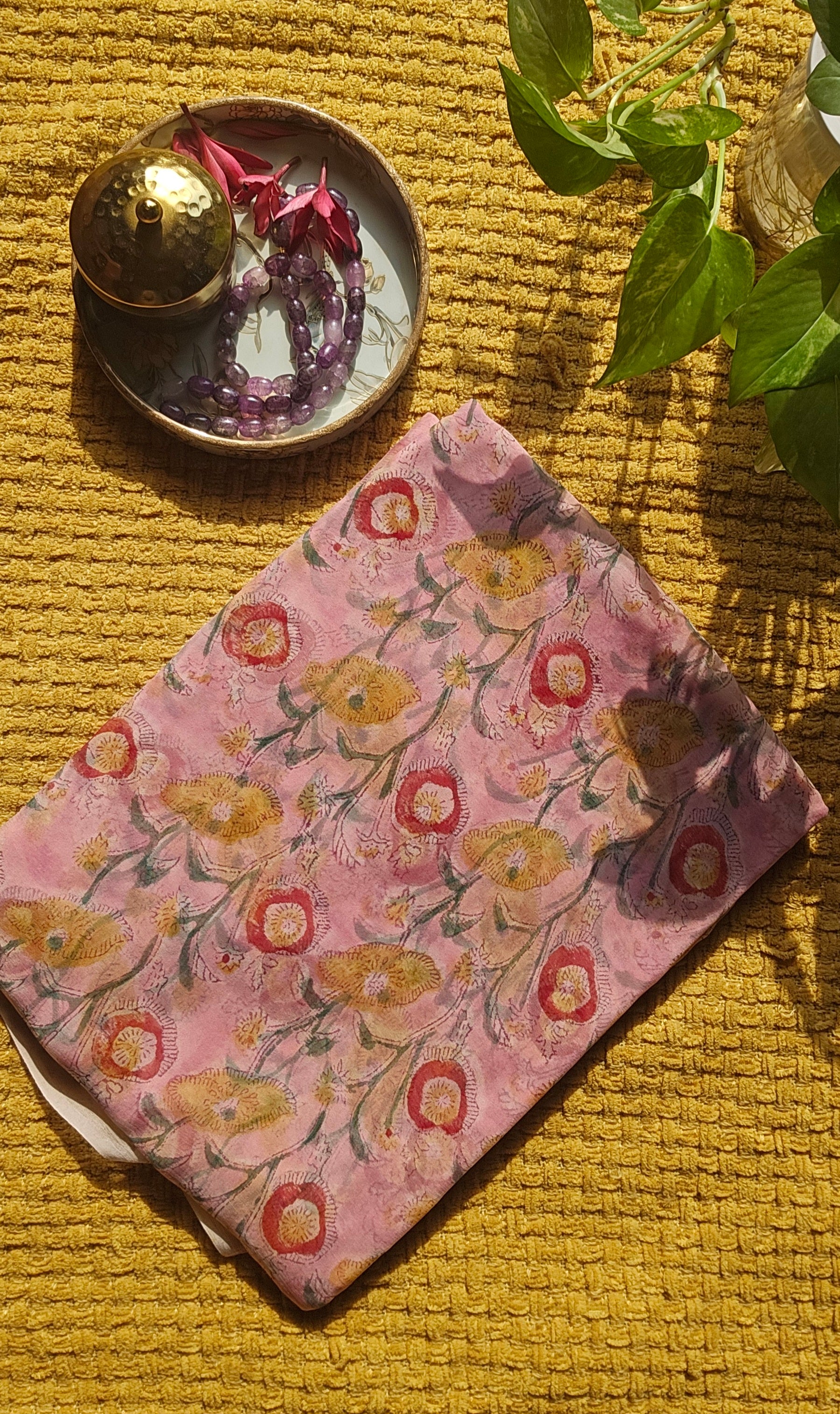Pink floral handblock saree