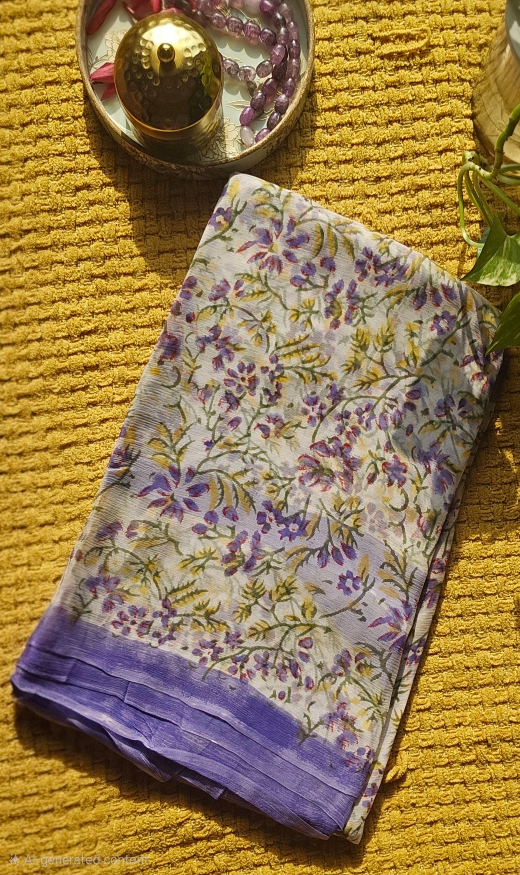 Floral-patterned saree with purple border on a yellow textured surface