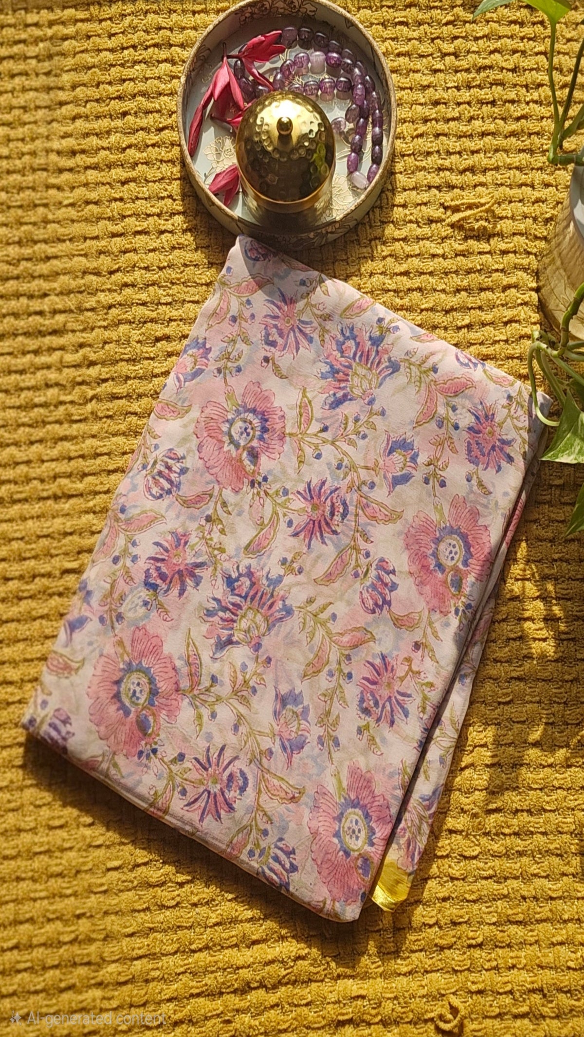 Blush Pink Floral Chiffon Handblock Print saree
