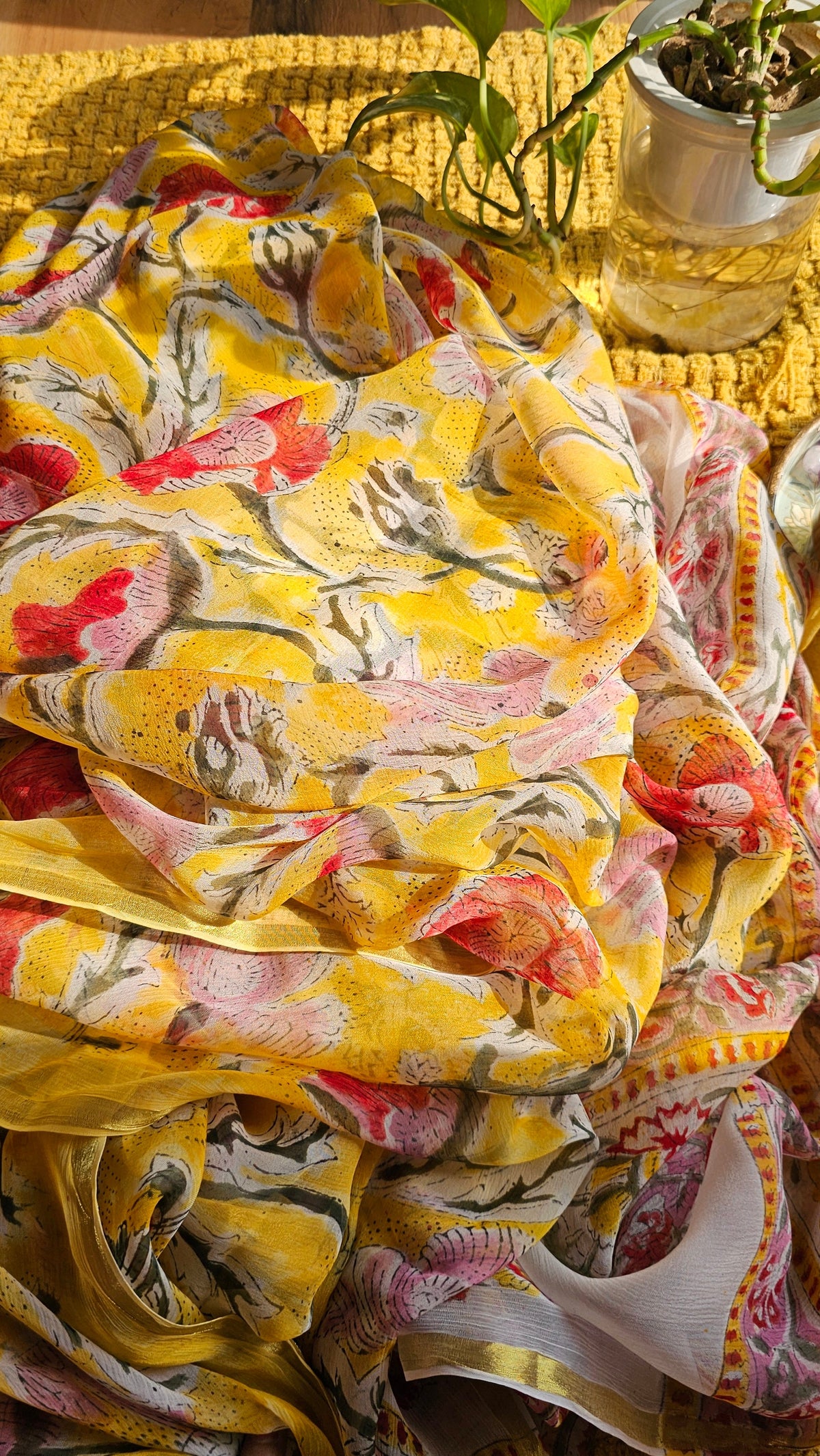 Yellow Floral Block Print Chiffon Saree
