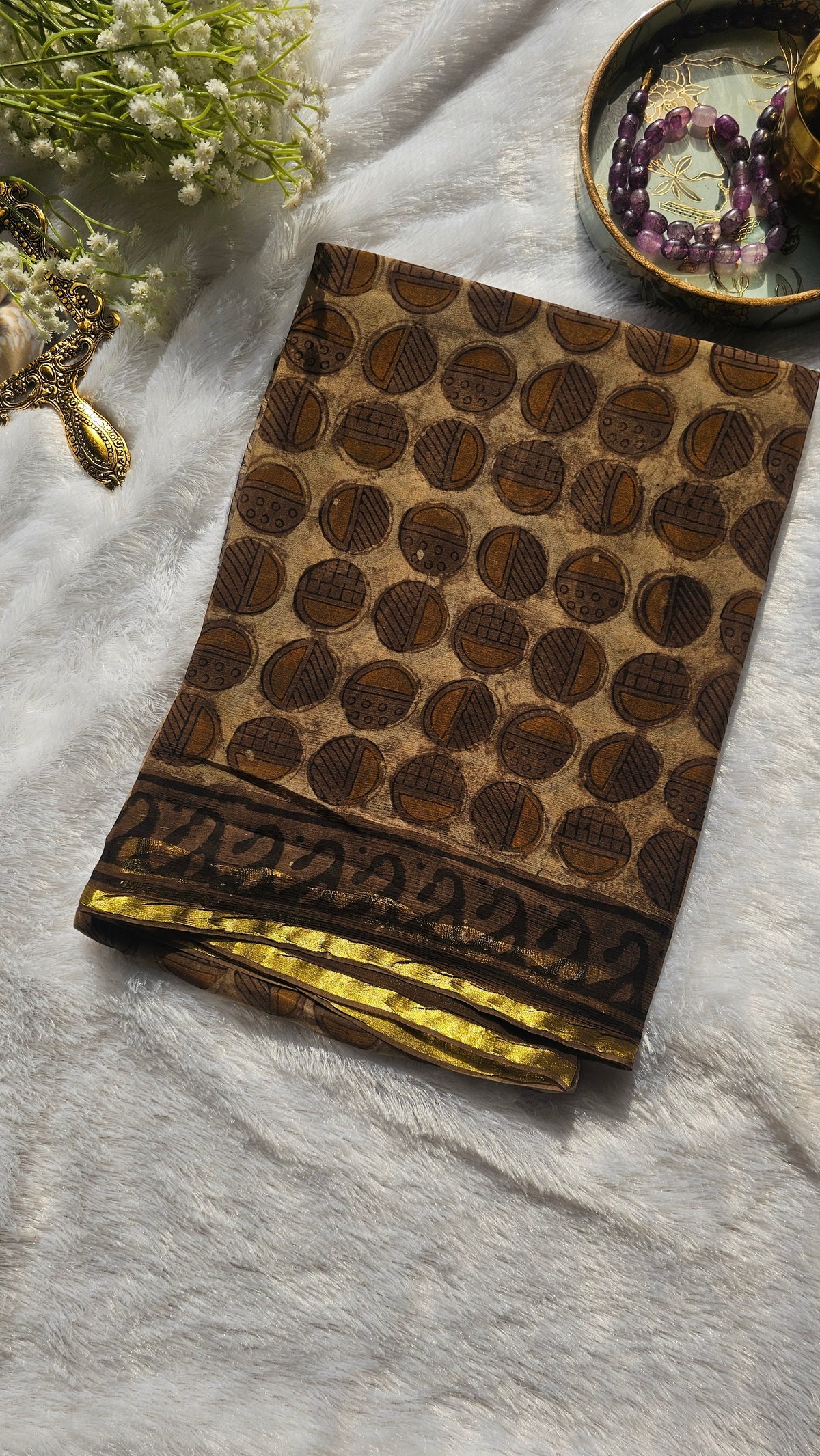 Earthy Brown Geometric Block Print Saree
