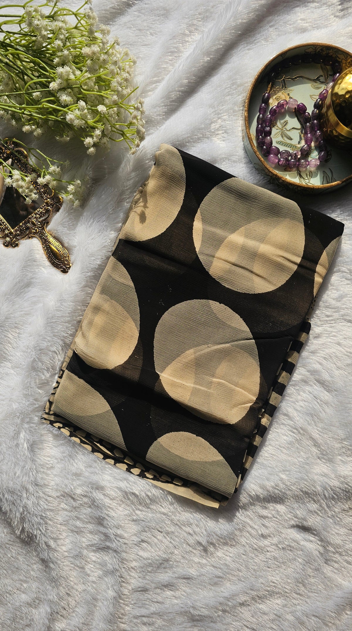 Black Circle Block Print Chiffon Saree