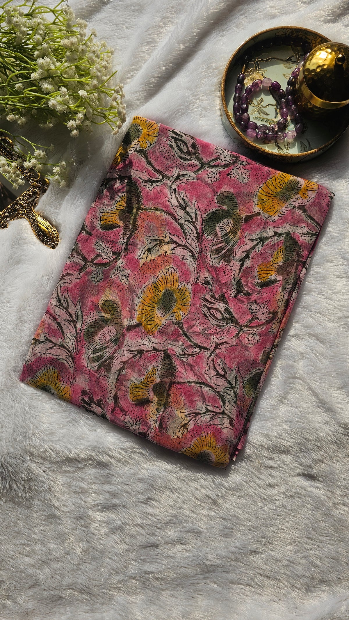 Rose Pink Block Print Chiffon Saree