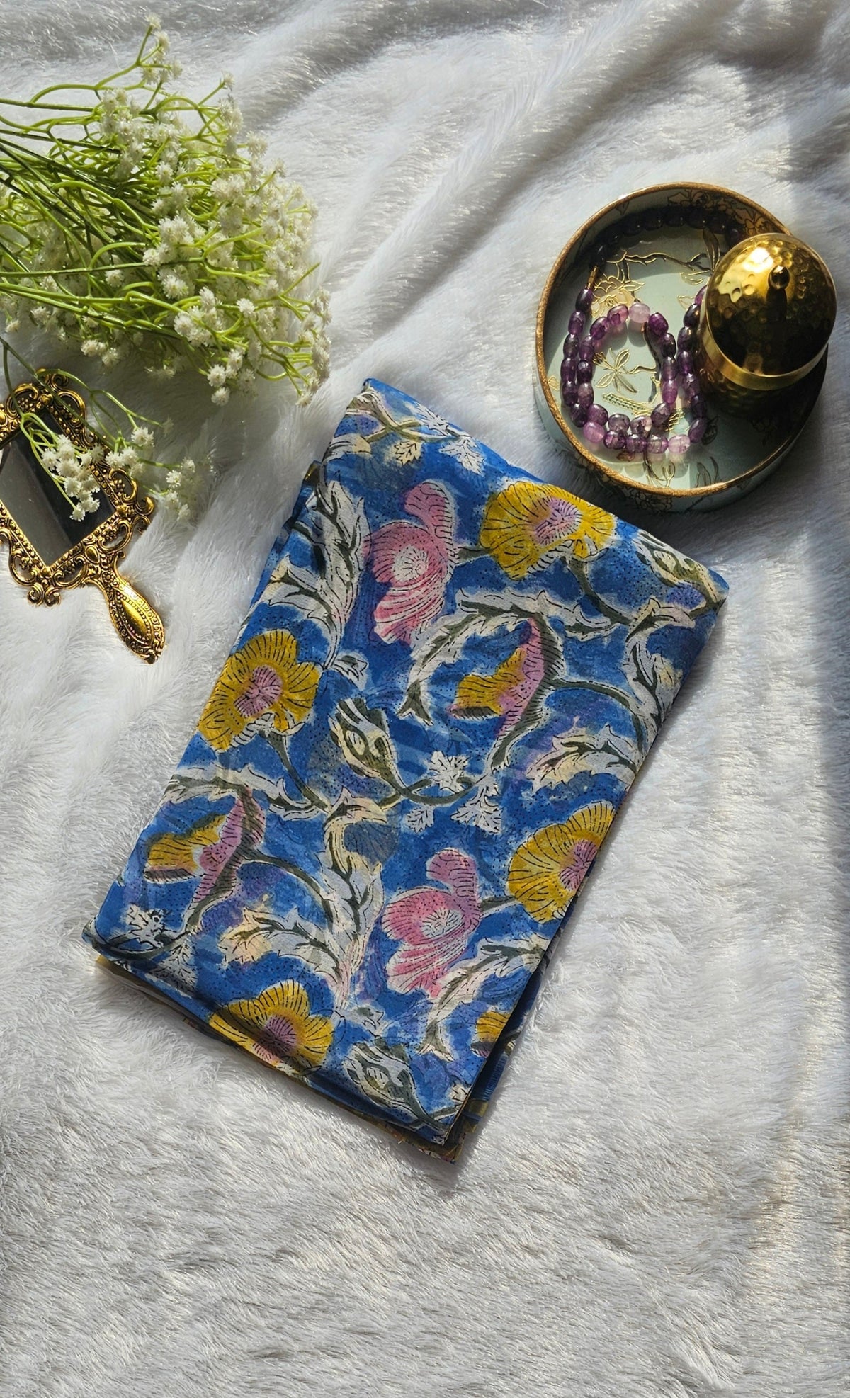 Blue Chiffon Hand Block Print Saree