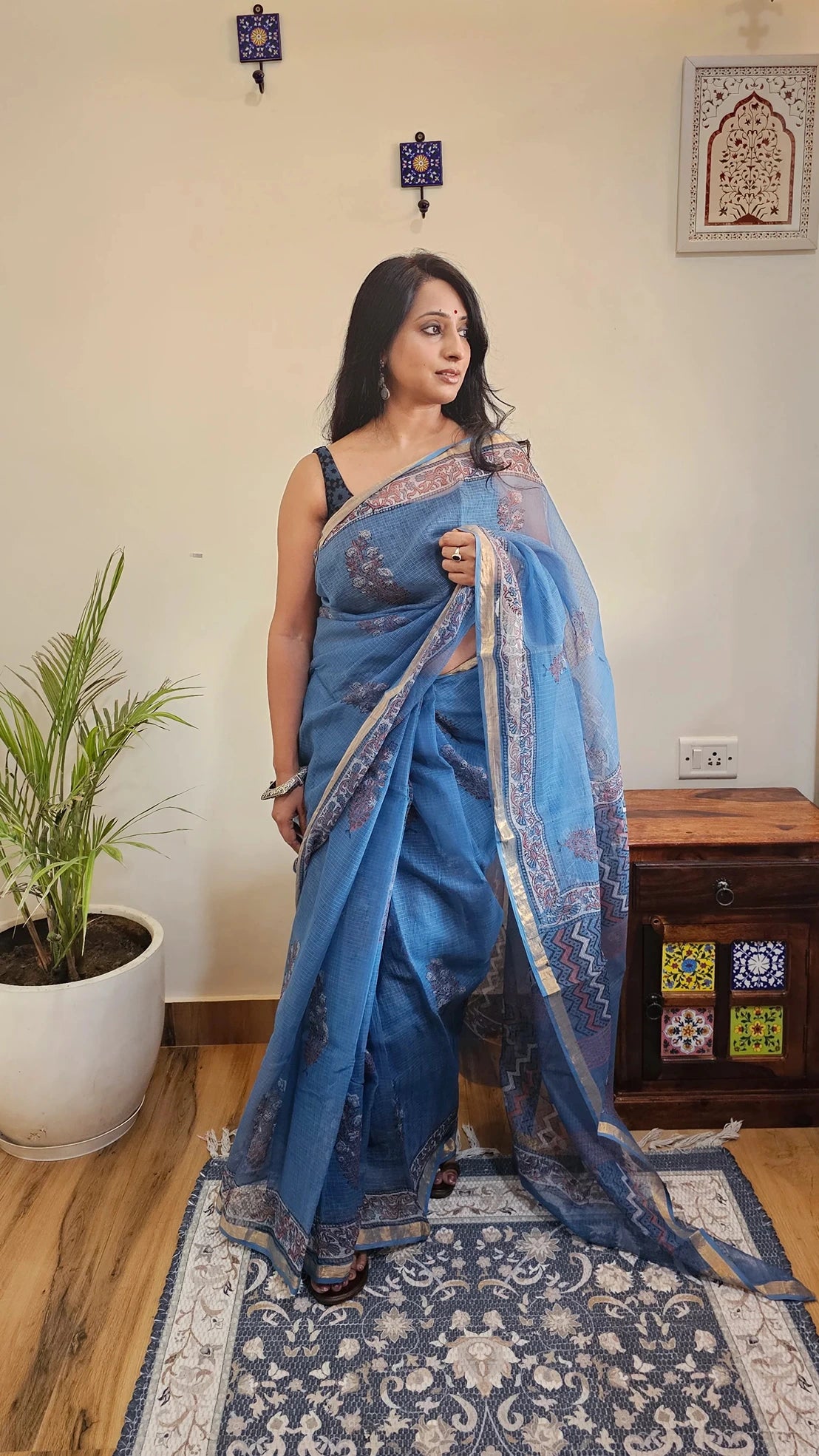 Blue Kota Cotton Ajrakh Saree