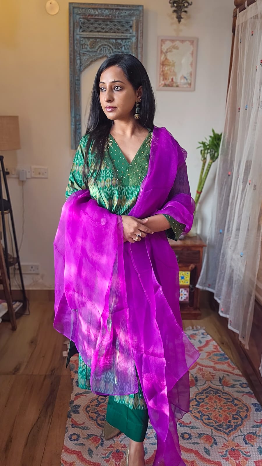 Ikkat Kurta and Pant Set With Purple Dupatta