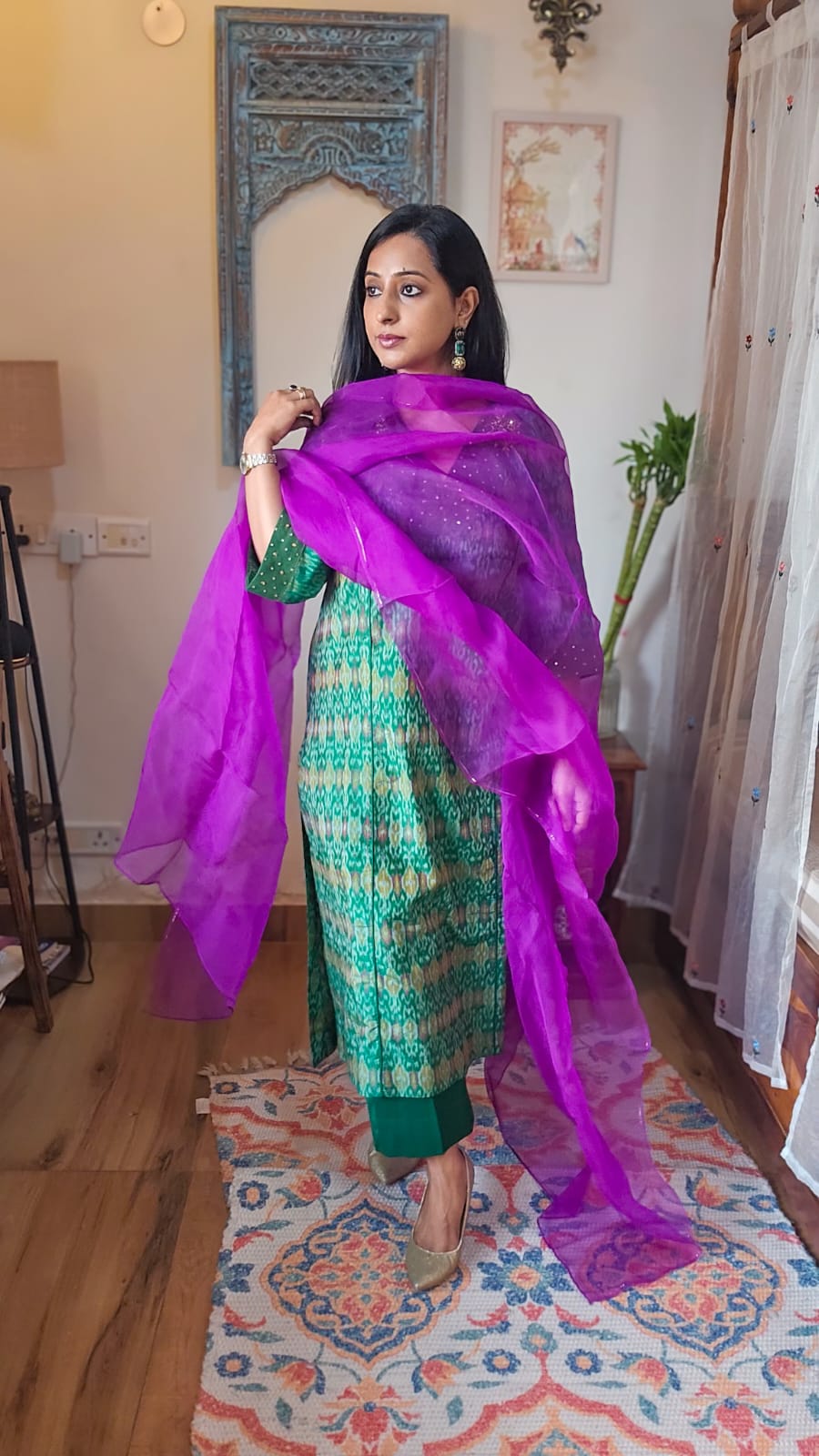 Ikkat Kurta and Pant Set With Purple Dupatta