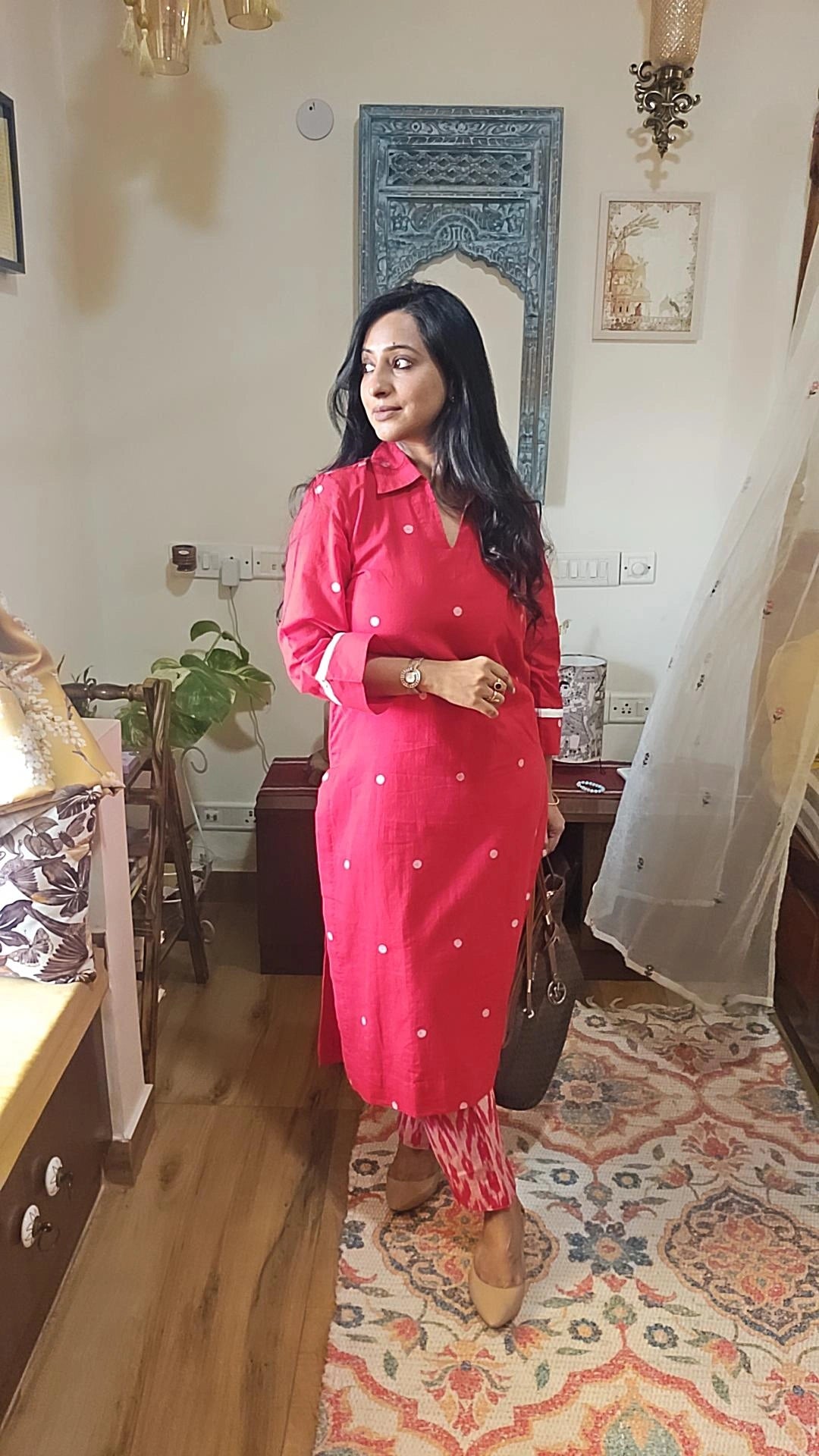 Red Jamdani Kurta and Ikkat Bottom