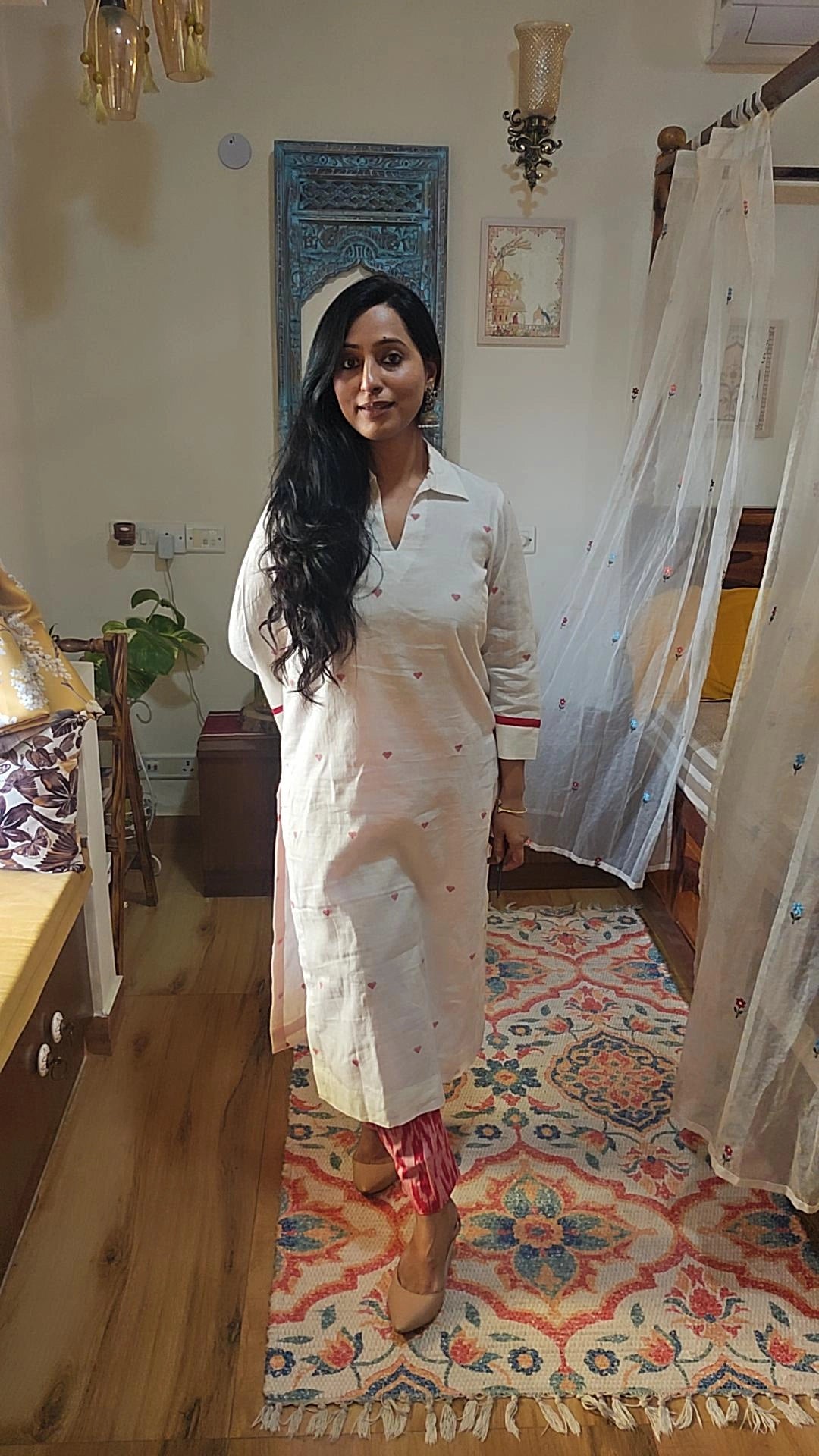 White Jamdani Kurta and Ikkat Bottom