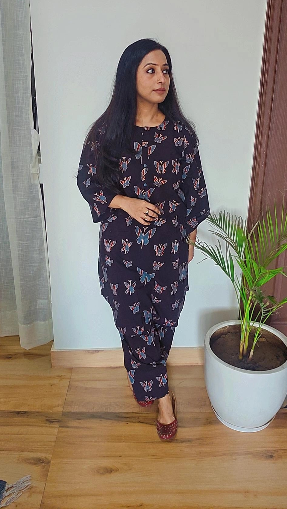 Pure cotton coord set with kurta and farshi salwar in butterfly  ajrakh print