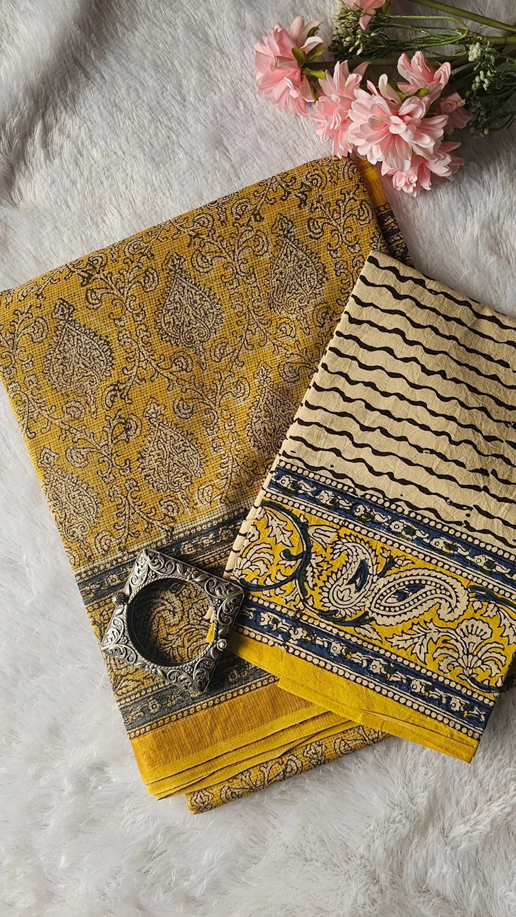 Yellow Printed Kota Saree