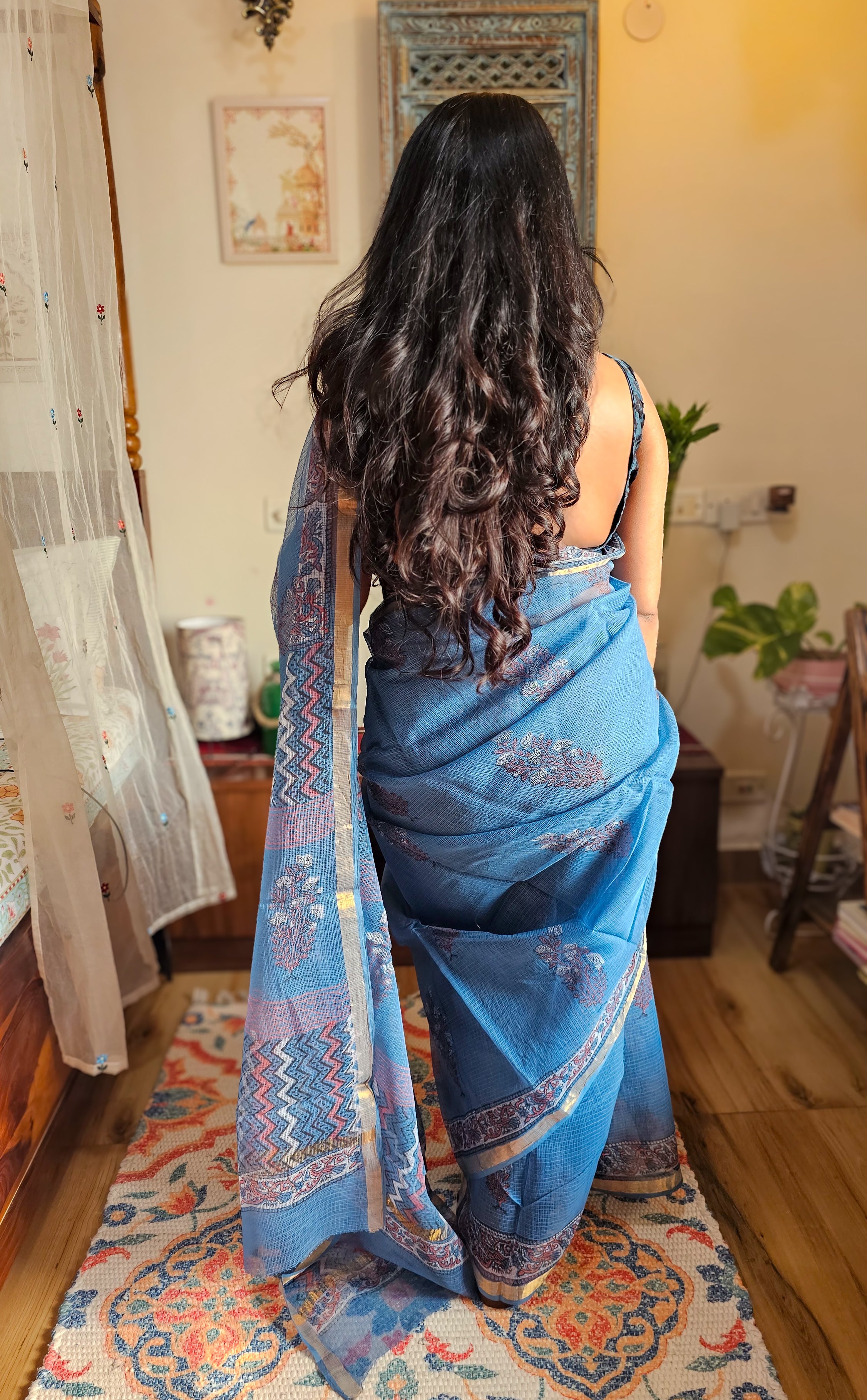 Blue Kota Cotton Ajrakh Saree